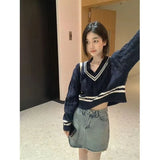 Purpdrank  College Style Short Fried Dough Twists Contrast Round Neck Sweater Women's Autumn and Winter V Loose Knit Long Sleeved Sweater