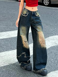 Purpdrank  High Street Denim Women's Long Trousers Retro Star Hollow Out Female Wide-leg Trousers Vintage High Waist Pockets Lady Pants