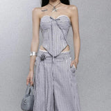 Purpdrank  y2k Tube Top Women Summer Striped Lace Trim Off Shoulder Strapless Open Back Cross Tie-Up T Shirt Vest 2000s Streetwear