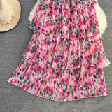 Purpdrank  Flower Printed Pleated Waist A-line Dress Sweet Beach Chiffon Fragmented Pink Strap Dresses Fashionable Cake Vestidos Fairy