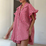 Purpdrank  Lotus Leaf Edge Fashionable Casual Plaid Shirt High Waisted Shorts Set for Women 2025 Summer New Item