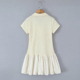 Purpdrank  CHIC Beige Polo Collar Bow Lapel V Waffle Knitted Short Sleeve Dress Women Slim Waist Spliced BUD Swing Short Dresses Robe