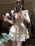 Purpdrank  Summer Sweet Floral Mini Dress Women Casual Kawaii Lace Bow Square Neck Dress Y2k Elegant Chic Evening Party Dress New