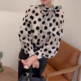 Purpdrank  Women Sexy Tie bow Collar Polka Dot Semi Sheer Shirt Long Sleeve See Through Organza Blouse Transparent Loose Tops