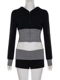 Purpdrank  Women Casual Striped Color Block 2-Piece Set Zip Up Long Sleeve Crop Hoodie & Shorts Matching Suits Streetwear Tracksuit