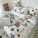 Purpdrank  Korean Ins Rose Pastoral Lace Quilt Cover Washed Cotton Princess Bedding Sets Bed Skirt Ruffles Pillowcase Woman Duvet Cover