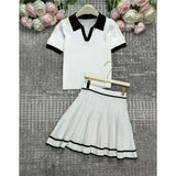 Purpdrank  Summer 2 pieces Knitted Women's Sets Polo Collar Short Sleeve Tops and Pleated Sexy Mini Skirts Outfits Suit for Female