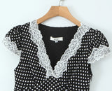 Purpdrank  Women Black White Dot Print Spliced Lace V neck Short Sleeve Dress Retro French Style Mini Dresses Summer Robe Femme Vestidos