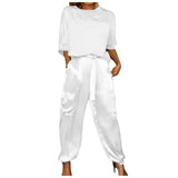 Purpdrank  Women Satin Two Piece Set Half Sleeve Top And Drawstring Waist Jogger Pants With Pockets Casual Office Lady Summer Outfit