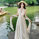 Purpdrank  French Style Polka Dot Print Halter Neck Dress Lace Vacation Long Dress