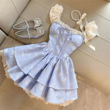 Purpdrank  French Sweet Vintage Women Dress Lolita Kawaii Lace Flying Sleeve Slim Mini Dress Fairy Elegant Harajuku Y2k Chic Outfits Summer