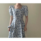 Purpdrank  French Print Dress Women's Summer Waist Square Neck Dress