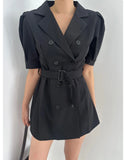 Purpdrank  Summer Vintage Double Breasted Women's Short Blazer Dresses Sashes 2025 New Short Sleeve Casual Loose Mini Dress Female