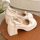 Purpdrank  Elegant Pearls Chain High Heels Mary Jane Shoes Women 2025 Bowknot Thick Heel Pumps Woman Round Neck Patent Leather Party Shoes