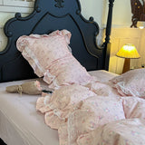 Purpdrank  French Floral Ruffles Princess Bedding Set Double Layer Yarn Pure Cotton Duvet Cover Set Pillowcases Flat/Fitted Bed Sheet 4Pcs