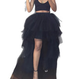 Purpdrank  Ins Style Lace Half Skirt Irregular Hem Long Skirt Forest System Pure Color Polyester Spring Summer Autumn High Elasticity St...