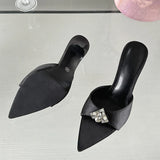 Purpdrank  Summer Fashion Crystal Buckle Satin Women Slippers Slip On Ladies Sandals Thin High Heels Mules Outdoor Dress Slides Shoes