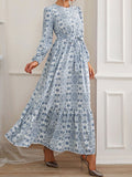 Purpdrank - Female Waistband Print O-Neck Casual Dresses Holiday Women Long Sleeve Maxi Dress Fashion Bohemian Long Robes