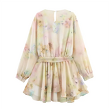 Purpdrank  Lace stitching round neck long sleeve loose sweet style A-line dress short skirt summer new women's clothing
