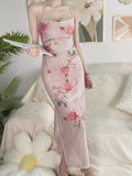 Purpdrank  Summer Women Sexy Slim Wrapped Hip Midi Dress Sweet Fragmented Flower Sheath Strap Dresses Spicy Girl Retro Split Sundress