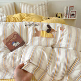 Purpdrank  Embroidery Stripe Bedding Set Cute Cartoon Washed Cotton Soft Four Piece Sets Pillowcase Duvet Cover Set 200x230cm Home Textiles