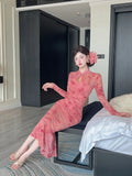 Purpdrank  Sexy Long Sleeve Lace Cheongsam Dress Waist Cinched Maxi Skirt for Women Southeast Asia Cross Border Elegant Commute Style