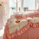 Purpdrank  Fashion Flower Bedding Set Bed Sheet Cute Princess AB Double Sided Ruffle Flower Quilt Cover Pillowcase Bedclothes Home Textiles
