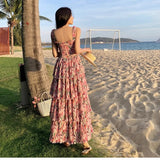 Purpdrank  Flower Printed Pleated Waist A-line Dress Sweet Beach Chiffon Fragmented Pink Strap Dresses Fashionable Cake Vestidos Fairy