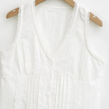 Purpdrank  Summer Plain White Spliced Lace V neck Sleeveless Tank Women Open Buttons Slim Waist Tie Bow Sashes Back Tank Top Crop Tops