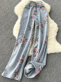 Purpdrank - Women Sweet Korean Pink Sweet 3 Pieces Set For Women Knitted Sling Vest +sunscreen+floral Print Wide Leg Denim Long Pants Suits