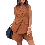 Purpdrank  Spring Summer Women Office Shorts Suit Set Solid Khaki Sleeveless Halter Outfit 2 Piece Matching Sets For Women