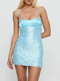 Purpdrank  Summer New Hollow Out Spliced Mini Dress Hot Girl Solid Color Backless Wrap Hips Dress Sexy Halter Sleeveless Sequins Slim Dress