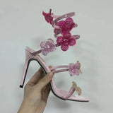 Purpdrank  Pink Flower Rhinestone High Heels Sandals Shoes Sexy Rose Red Luxury Designer with Wrap Strap  for Women Prom Party