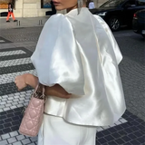 Purpdrank  Spring New Women's Fashion Style Loose and Versatile Satin Bubble Sleeves Loose Short Top