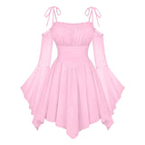 Purpdrank  Women's Boho Off Shoulder Tie Strap Mini Dress Bell Sleeve Asymmetrical Hem Corset Waist Gothic Dress Fairy Club Party Dresses