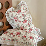 Purpdrank  Rustic Vintage French Rose Floral Ruffles 100% Cotton Bedding Set Duvet Cover Set Flat/Fitted Bed Sheet Pillowcases 4Pcs