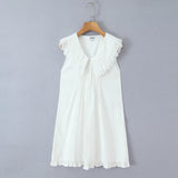 Purpdrank  Sweet White Spliced Lace open Buttons Peter Pan Collar Mini Sleeveless Dress Women Wood ears Hem Loose Straight Short Vestidos