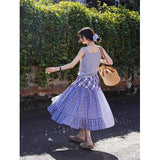 Purpdrank  Harajuku Plaid Midi Skirt Women Japanese Lace Patchwork Skirts Summer Korean Fashion High Waist Casual A Line Faldas New