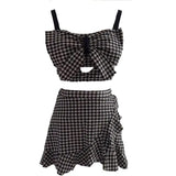 Purpdrank  Women Retro Houndstooth Ruffle Bow Sweet Two Piece Swimsuit Y2K Lace-up Adjustable Strap Tankini Set Sexy High Waist Mini Skirt