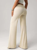Purpdrank  Women Elastic Waist Lace Slightly Flared Casual Pants Slim-fit Strap Up High Waist Bell-bottom Solid Color Comfort Splice Pants