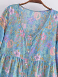 Purpdrank  BOHO V neck Flower Print Single-Breasted Buttons Mini Dress Woman Spliced Ruched Pleated Short Sleeve Loose Robe Holiday