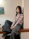 Purpdrank  French Style Pull Femme Sweaters Contrasting Rainbow High Neck Striped Sweater Women Autumn Pullover Knitted Top