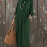 Purpdrank  Spring Fashion Women's Comfortable High Collar Loose Knitted Long Sleeve Dress with Pocket Straight Cut Maxi Dress