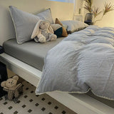 Purpdrank  Ins Style Solid Color Stripes Mix and Princess Style Quilt Cover Four-piece Bedding Set Washed Cotton Shell Edge Duvet Cover Set