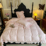 Purpdrank  French Floral Ruffles Princess Bedding Set Double Layer Yarn Pure Cotton Duvet Cover Set Pillowcases Flat/Fitted Bed Sheet 4Pcs