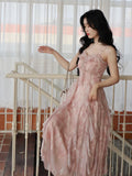 Pink Print French Strap Dress Women Chiffon Elegant Evening Party Midi Dress Female Ruffle Korean Sweet fairy Dress Summer