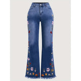 Purpdrank  Plus Size New 2025 Women's plus Size Micro Flare Jeans Elastic Embroidered Denim Pants Washed Effect Comfortable Fit Trousers