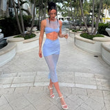Purpdrank  Summer New Solid Color Sleeveless Mesh Splicing Short Tank Top High Waist Long Dress Women's Set