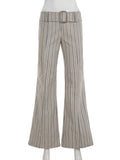 Purpdrank  Fashion Women's Striped Long Pants Metal Buckle Belt with Zipper Up Slim Fit Casual Female Trousers for Work Office Wear