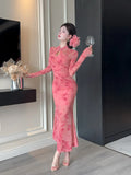 Purpdrank  Sexy Long Sleeve Lace Cheongsam Dress Waist Cinched Maxi Skirt for Women Southeast Asia Cross Border Elegant Commute Style